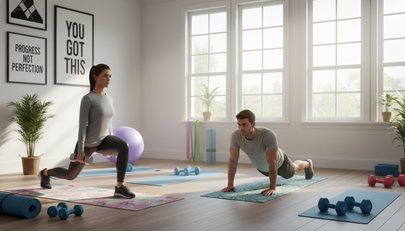 A cozy and motivating home workout scene featuring diverse individuals engaged in intermediate exercise routines, such as yoga, strength training, and aerobic exercises. In the foreground, a woman in modest athletic wear performs a lunging exercise with weights, displaying focus and determination. Beside her, a man performs push-ups, showcasing strength and control. In the middle ground, a bright, spacious living room filled with exercise mats, dumbbells, and resistance bands creates an inviting atmosphere for workouts. Natural light floods through large windows, illuminating the space and casting soft shadows. The background features potted plants and motivational posters on the wall, enhancing the positive and energetic mood of a home workout environment. The overall ambiance is uplifting and encouraging, emphasizing fitness and well-being at home.
