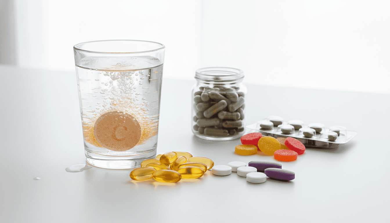 A high-quality, professional photography of diverse vitamin formats including effervescent tablets dissolving in water, capsules, and solid pills on a clean white surface with soft natural lighting. A high-quality, professional photography of diverse vitamin formats including effervescent tablets dissolving in water, capsules, and solid pills on a clean white surface with soft natural lighting.
