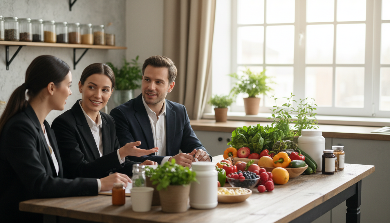 A serene and inviting kitchen scene with a focus on healthy weight loss practices. In the foreground, a diverse group of three individuals—one man and two women—dressed in professional business attire, enthusiastically discussing a meal plan while pointing at a colorful, fresh spread of fruits, vegetables, and natural supplements laid out on a wooden table. In the middle ground, vibrant green plants add a touch of nature, while a large window allows warm, natural light to illuminate the scene, creating a bright and positive atmosphere. In the background, softly blurred shelves display jars of spices and more health products. The mood is motivational and supportive, emphasizing safe and healthy weight loss strategies. A serene and inviting kitchen scene with a focus on healthy weight loss practices. In the foreground, a diverse group of three individuals—one man and two women—dressed in professional business attire, enthusiastically discussing a meal plan while pointing at a colorful, fresh spread of fruits, vegetables, and natural supplements laid out on a wooden table. In the middle ground, vibrant green plants add a touch of nature, while a large window allows warm, natural light to illuminate the scene, creating a bright and positive atmosphere. In the background, softly blurred shelves display jars of spices and more health products. The mood is motivational and supportive, emphasizing safe and healthy weight loss strategies.