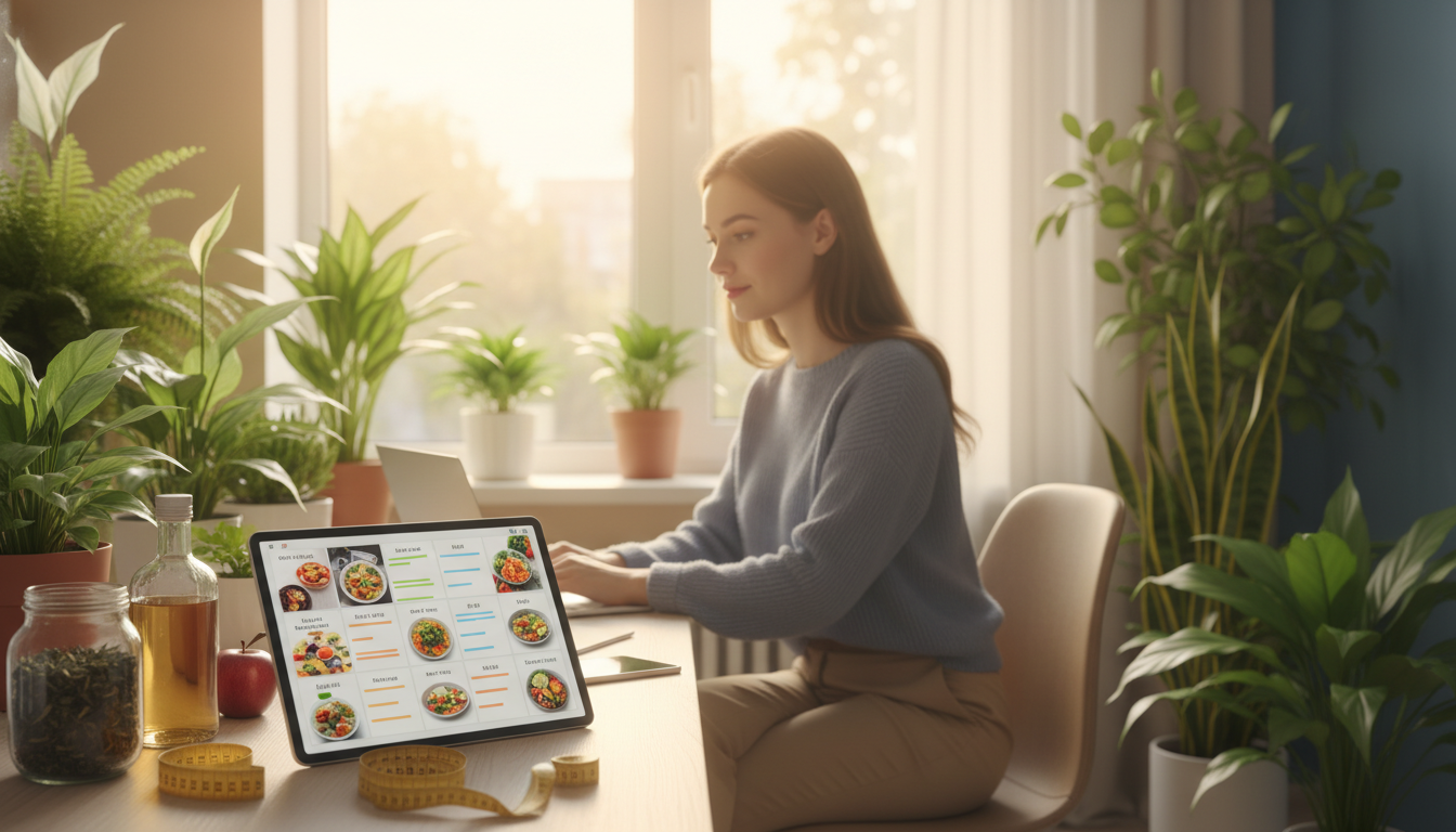 A serene and inviting workspace showcasing safe weight loss practices. In the foreground, a neatly organized desk with a tablet displaying healthy meal plans, a measuring tape, and natural supplements like green tea and apple cider vinegar. In the middle, a confident young woman in professional, modest casual attire is conducting research, surrounded by lush green plants symbolizing vitality and wellness. The background features bright, natural light streaming through a large window, illuminating the space and creating an uplifting atmosphere. Soft focus on the background enhances depth, while a warm color palette conveys a sense of health and positivity. The entire scene embodies a commitment to safe and effective weight loss, free from distractions like text or logos. A serene and inviting workspace showcasing safe weight loss practices. In the foreground, a neatly organized desk with a tablet displaying healthy meal plans, a measuring tape, and natural supplements like green tea and apple cider vinegar. In the middle, a confident young woman in professional, modest casual attire is conducting research, surrounded by lush green plants symbolizing vitality and wellness. The background features bright, natural light streaming through a large window, illuminating the space and creating an uplifting atmosphere. Soft focus on the background enhances depth, while a warm color palette conveys a sense of health and positivity. The entire scene embodies a commitment to safe and effective weight loss, free from distractions like text or logos.