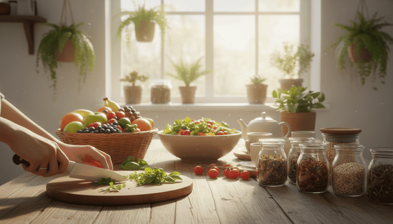A serene kitchen scene focused on a healthy lifestyle, showcasing a beautifully arranged table filled with vibrant fruits, vegetables, whole grains, and herbal teas. In the foreground, a pair of hands skillfully chopping fresh herbs with a wooden cutting board. The middle ground features a well-organized display of colorful ingredients, emphasizing balance and nutrition. In the background, natural light pours in through a sunny window, illuminating the room with a warm glow, creating an inviting atmosphere. The walls are adorned with potted plants, contributing to a sense of freshness and vitality. The image should evoke a sense of peace and inspiration, encouraging healthy choices, with no people present. Use a soft-focus effect to enhance the warmth and homeliness of the scene, with a pleasant, harmonious color palette.