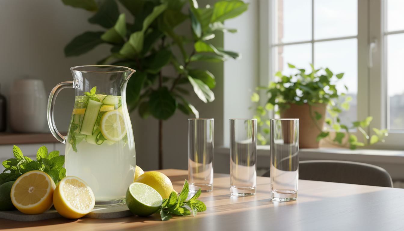 A serene kitchen setting, foreground featuring a clear glass pitcher filled with fresh, vibrant fruit-infused water, surrounded by an assortment of colorful fruits like lemons, cucumbers, and mint leaves. In the middle, a wooden table holds a few clean, stylish glasses ready to be filled, reflecting sunlight streaming in from the window. The background shows lush green plants, symbolizing health and vitality. Soft, natural lighting creates a warm, inviting atmosphere, while a shallow depth of field adds focus to the hydration theme. The overall mood conveys wellness and rejuvenation, emphasizing the importance of hydration in detoxifying the body. The image should be bright and uplifting, representing a healthy lifestyle.