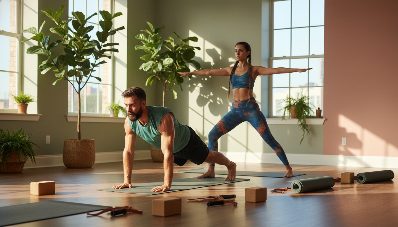 A serene yoga and Pilates studio setting filled with natural light streaming through large windows. In the foreground, two individuals - a man and a woman - demonstrating various yoga and Pilates poses, both dressed in modest, colorful activewear. The man is performing a plank position while the woman is in a warrior pose, exuding focus and determination. The middle ground features yoga mats, props such as blocks and straps, and a few potted plants that add a touch of greenery. In the background, soft wall colors create a peaceful atmosphere. The lighting is warm, enhancing the calm and motivational mood of the scene. The image captures the essence of exercising for calorie burning through yoga and Pilates, embodying a healthy and balanced lifestyle.