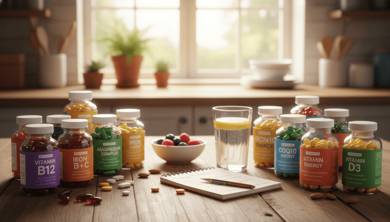 A vibrant composition showcasing an array of vitamins and minerals beneficial for combating fatigue. In the foreground, a well-arranged display of colorful vitamin bottles and supplements, each featuring vivid labels that highlight their key ingredients. The middle ground features a wooden table with a small, open notebook and a glass of water, symbolizing health and vitality. In the background, a softly blurred kitchen setting with natural light streaming through a window, creating an uplifting and energizing atmosphere. Warm tones dominate the palette, evoking a cozy and inviting ambiance. The focus should be crisp and clear, highlighting the products in sharp detail, while the background maintains a gentle bokeh effect to enhance the subject of vitality and health. A vibrant composition showcasing an array of vitamins and minerals beneficial for combating fatigue. In the foreground, a well-arranged display of colorful vitamin bottles and supplements, each featuring vivid labels that highlight their key ingredients. The middle ground features a wooden table with a small, open notebook and a glass of water, symbolizing health and vitality. In the background, a softly blurred kitchen setting with natural light streaming through a window, creating an uplifting and energizing atmosphere. Warm tones dominate the palette, evoking a cozy and inviting ambiance. The focus should be crisp and clear, highlighting the products in sharp detail, while the background maintains a gentle bokeh effect to enhance the subject of vitality and health.