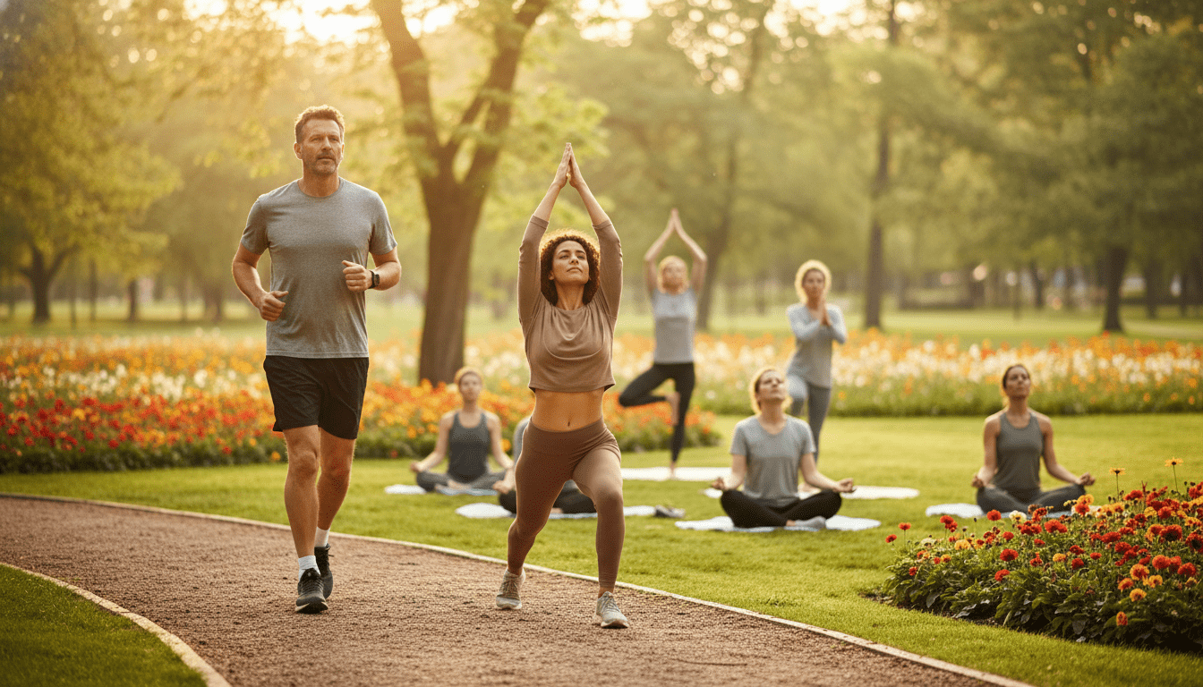 A vibrant scene depicting a diverse group of individuals engaging in daily physical activity in a sunlit park. In the foreground, a middle-aged man in modest athletic wear jogs on a path, while a woman alongside him performs a series of stretches, showcasing flexibility and strength. The middle ground features a small group practicing yoga, surrounded by green grass and colorful flowers, emphasizing connection to nature and health. In the background, trees sway gently in the breeze, with soft sunlight filtering through the leaves, creating a warm, inviting atmosphere. The image conveys energy and wellness, highlighting the importance of daily exercise for optimizing venous return. Use warm tones for an uplifting mood, with a shallow depth of field to emphasize the subjects.