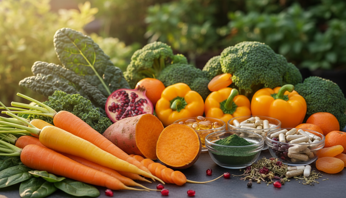 A vibrant still life composition featuring essential vitamins known for boosting the immune system, with a focus on Vitamin A. In the foreground, a rich array of colorful fruits and vegetables, including carrots, sweet potatoes, and dark leafy greens, arranged artfully. The middle ground should include small glass bowls filled with supplements, emphasizing their natural ingredients. In the background, soft blurred greenery to symbolize health and vitality, with warm, natural lighting creating an inviting atmosphere. The scene should convey a sense of wellness and energy, enhancing the idea of strengthening the body’s defenses. Use a close-up perspective to capture the textures and colors vividly, maintaining a harmonious and uplifting mood throughout the composition.