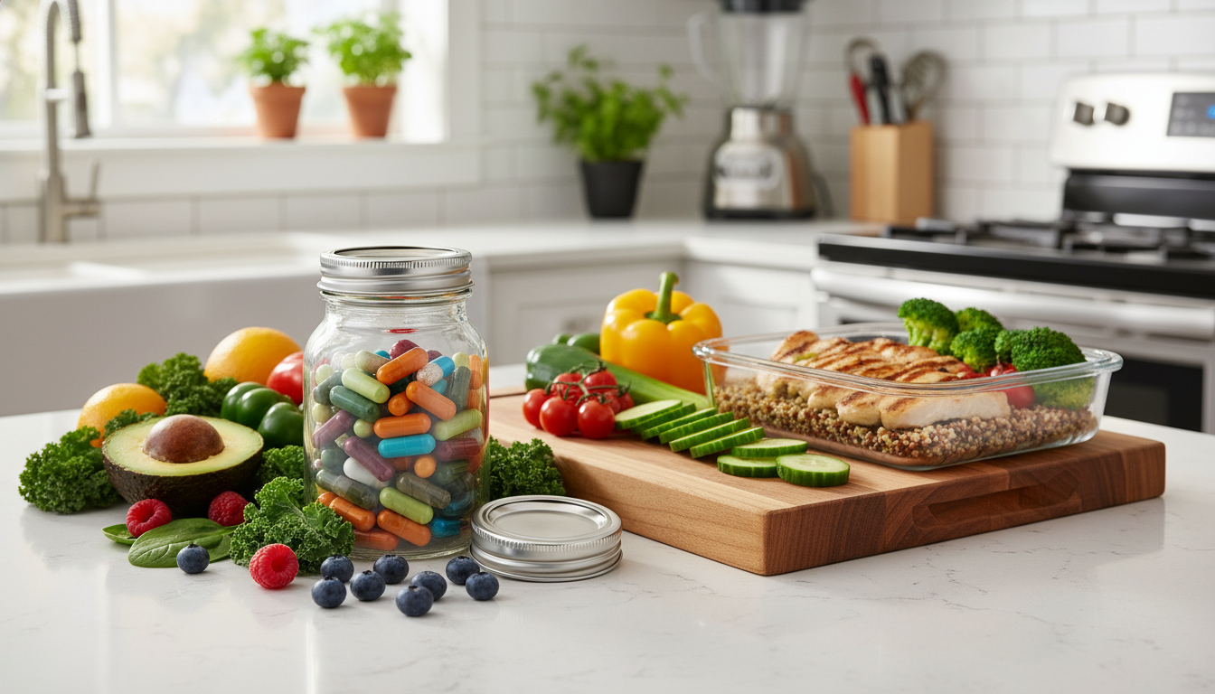 A visually appealing image showcasing a balanced diet complemented by effective weight loss supplements. In the foreground, a stylish glass jar filled with colorful dietary supplements sits on a clean, polished kitchen countertop. Fresh, vibrant fruits and vegetables, like avocados, berries, and leafy greens, are artfully arranged around the jar. In the middle ground, a bright, modern kitchen setting is visible with a wooden cutting board displaying sliced vegetables and a healthy meal prep container. The background features soft, natural light streaming through a window, creating a warm and inviting atmosphere. The overall mood evokes a sense of vitality and well-being, emphasizing the importance of a balanced diet for weight loss. The angle is slightly above the countertop, providing a clear view of the supplements and food. A visually appealing image showcasing a balanced diet complemented by effective weight loss supplements. In the foreground, a stylish glass jar filled with colorful dietary supplements sits on a clean, polished kitchen countertop. Fresh, vibrant fruits and vegetables, like avocados, berries, and leafy greens, are artfully arranged around the jar. In the middle ground, a bright, modern kitchen setting is visible with a wooden cutting board displaying sliced vegetables and a healthy meal prep container. The background features soft, natural light streaming through a window, creating a warm and inviting atmosphere. The overall mood evokes a sense of vitality and well-being, emphasizing the importance of a balanced diet for weight loss. The angle is slightly above the countertop, providing a clear view of the supplements and food.
