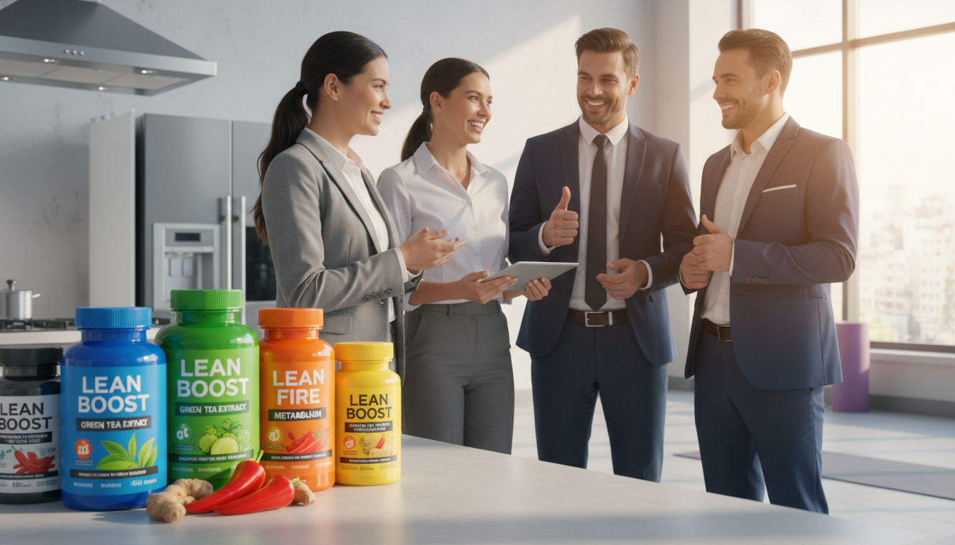 A visually striking composition featuring effective fat-burning supplements. In the foreground, display an array of colorful supplement bottles and containers, artistically arranged with vibrant labels showcasing natural ingredients like green tea extract and Garcinia Cambogia. The middle ground should include a diverse group of individuals dressed in professional business attire, smiling and sharing their positive experiences with these supplements, illustrating a sense of community and support. The background should suggest a bright, health-oriented setting such as a modern kitchen or a fitness studio, with soft, warm lighting to create an inviting atmosphere. Use a slightly angled perspective to give depth and focus to the subjects, resulting in a motivational and inspiring mood. A visually striking composition featuring effective fat-burning supplements. In the foreground, display an array of colorful supplement bottles and containers, artistically arranged with vibrant labels showcasing natural ingredients like green tea extract and Garcinia Cambogia. The middle ground should include a diverse group of individuals dressed in professional business attire, smiling and sharing their positive experiences with these supplements, illustrating a sense of community and support. The background should suggest a bright, health-oriented setting such as a modern kitchen or a fitness studio, with soft, warm lighting to create an inviting atmosphere. Use a slightly angled perspective to give depth and focus to the subjects, resulting in a motivational and inspiring mood.
