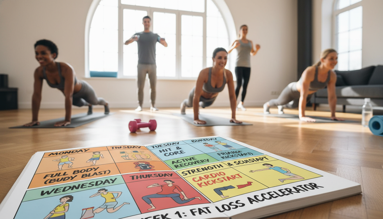 A well-organized training plan to reduce fat, featuring a visually engaging scene. In the foreground, a vibrant, open notebook displaying an illustrated workout schedule with color-coded sections for different exercises, such as bodyweight squats and HIIT workouts. In the middle ground, a modern living room setting where a diverse group of individuals in modest, casual workout attire actively performs exercises, showcasing enthusiasm and determination. The background presents a bright window with natural light filtering in, illuminating the space, and fitness equipment like dumbbells and a yoga mat. The atmosphere is energetic and motivating, evoking a sense of commitment to fitness and health. Capture this scene from a slightly elevated angle to convey the collective effort in the routine planning.