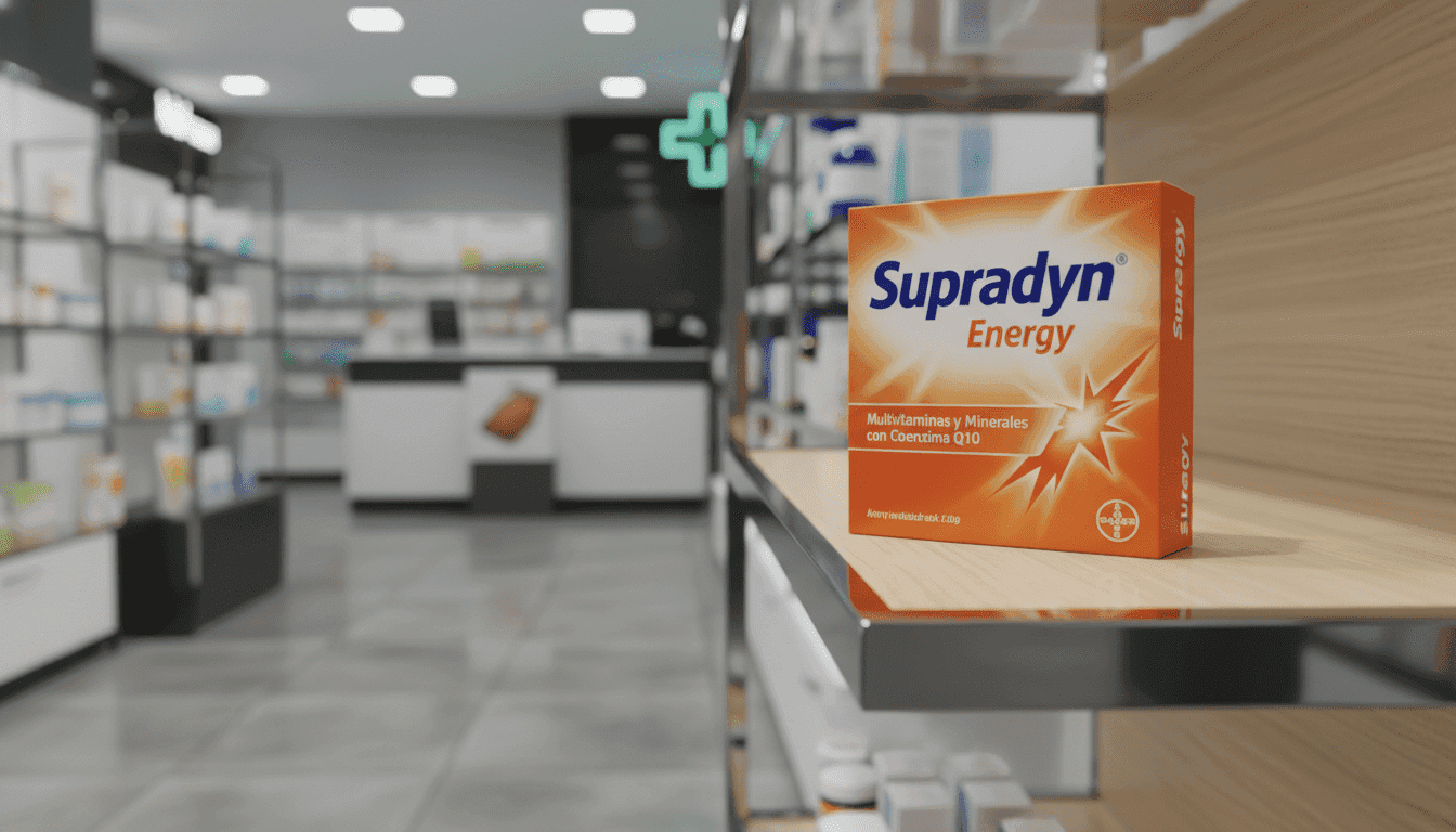 Product shot of Supradyn Energy box in a modern pharmacy setting in Lima, Peru, highlighting the packaging and premium quality feel. Product shot of Supradyn Energy box in a modern pharmacy setting in Lima, Peru, highlighting the packaging and premium quality feel.