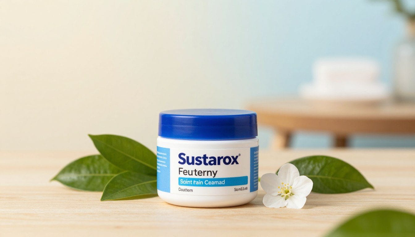 A soothing image of a jar of "Sustarox" joint pain relief cream prominently displayed in the foreground. The jar is elegantly designed with a sleek blue and white color palette, symbolizing calmness and healing. Surrounding it are a few natural elements like green leaves and a small white flower, creating a connection to holistic wellness. In the middle ground, a softly lit wooden table adds warmth, enhancing the inviting atmosphere. The background features a gentle gradient from light cream to soft blue, adding depth without distractions. The lighting is soft and diffused, creating a serene ambiance, ideal for a health-related article. Overall, the composition conveys a sense of relief and trust, suitable for an informative section about joint pain treatment.