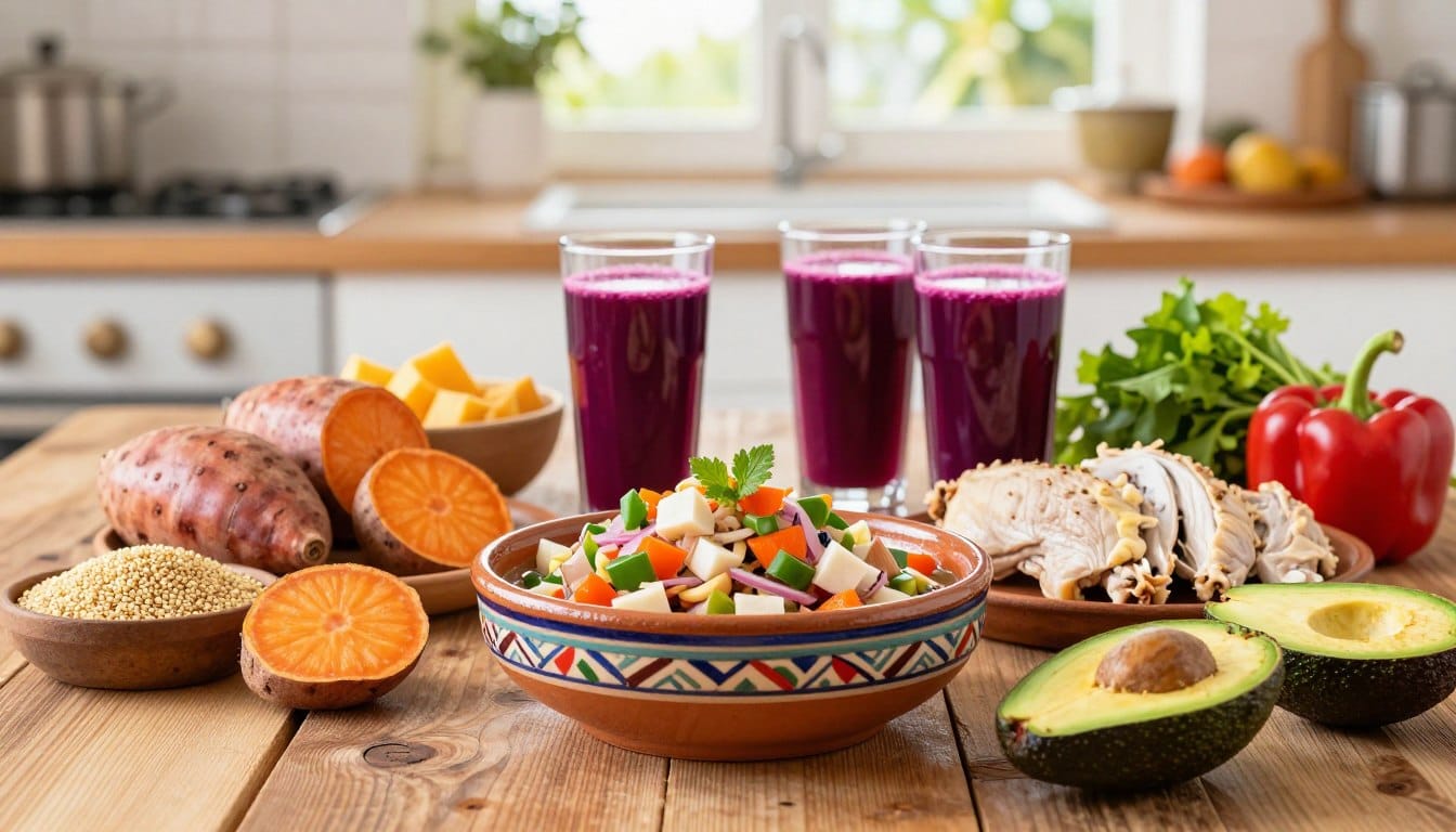 A vibrant still life showcasing a variety of traditional Peruvian foods that promote diabetes prevention, including quinoa, sweet potatoes, lean chicken, and fresh vegetables like avocados and peppers. In the foreground, arrange the ingredients artistically on a rustic wooden table, with a beautiful ceramic bowl of vibrant ceviche in view. In the middle ground, display a couple of juice glasses filled with fresh you-berry juice. The background features soft, natural lighting filtering through a kitchen window, creating a warm, inviting atmosphere. The overall mood is cheerful and health-conscious, emphasizing a healthy lifestyle. The composition should evoke a sense of well-being and the rich culinary tradition of Peru without any text or distractions. A vibrant still life showcasing a variety of traditional Peruvian foods that promote diabetes prevention, including quinoa, sweet potatoes, lean chicken, and fresh vegetables like avocados and peppers. In the foreground, arrange the ingredients artistically on a rustic wooden table, with a beautiful ceramic bowl of vibrant ceviche in view. In the middle ground, display a couple of juice glasses filled with fresh you-berry juice. The background features soft, natural lighting filtering through a kitchen window, creating a warm, inviting atmosphere. The overall mood is cheerful and health-conscious, emphasizing a healthy lifestyle. The composition should evoke a sense of well-being and the rich culinary tradition of Peru without any text or distractions.