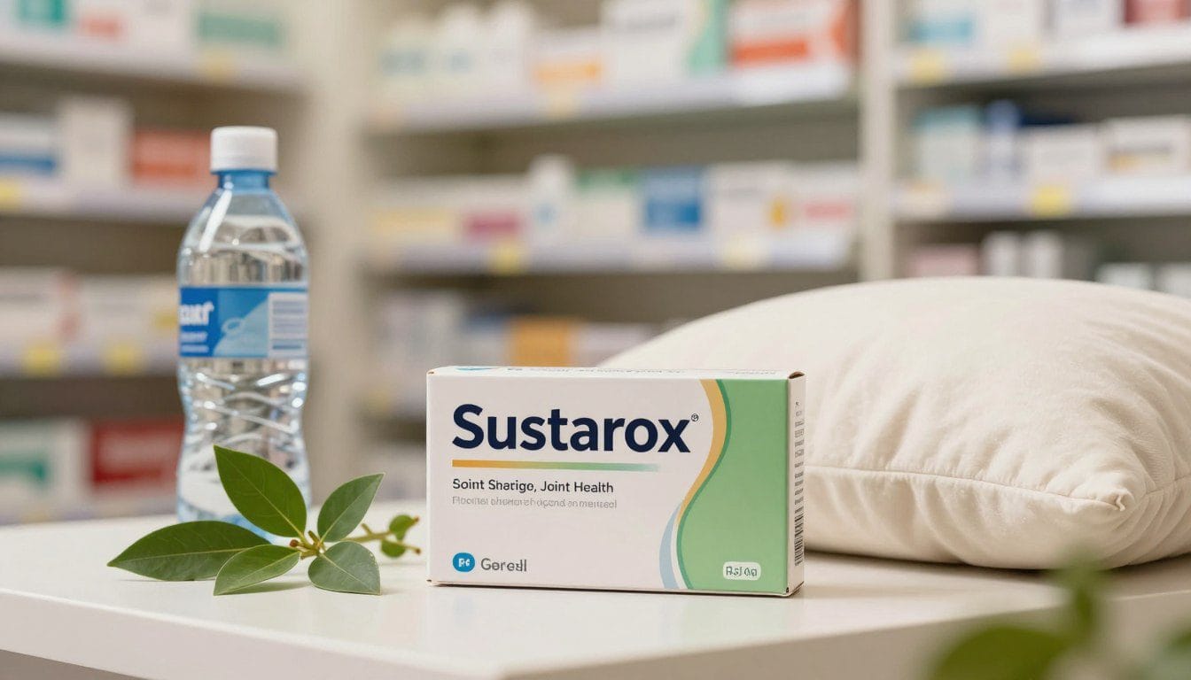 An elegant and informative still life composition featuring the product "Sustarox" displayed prominently in the foreground, showcasing the packaging and labeling clearly. Surround the box with various elements symbolizing joint health, such as herbal leaves, a bottle of water, and a soft, supportive pillow. In the middle ground, include a blurred image of a pharmacy shelf to suggest a retail environment. The background should feature warm, soft lighting to create a welcoming and professional atmosphere, hinting at a broader marketplace in Peru. Use a shallow depth of field to emphasize the product’s packaging while ensuring the entire scene conveys trustworthiness and clarity, ideal for an informative article on purchasing details.
